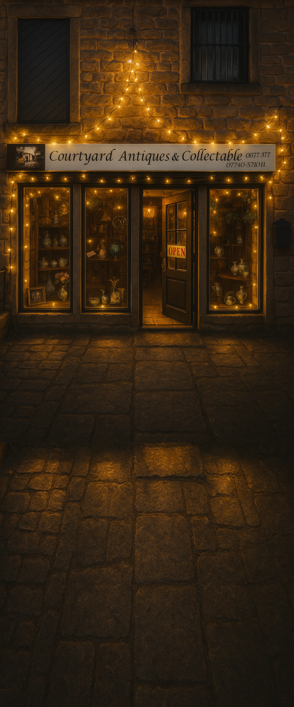 Courtyard Antiques storefront glowing with fairy lights on the cobbles at night