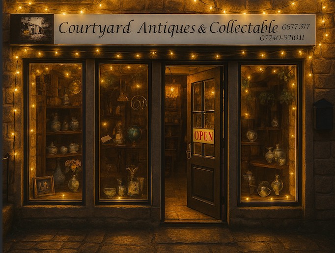 Courtyard Antiques storefront glowing with fairy lights and an open door at night